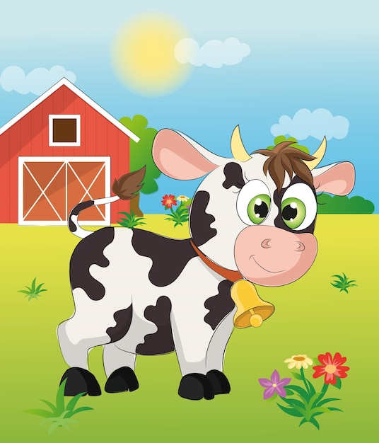 Cute cow on farm illustration, cow cartoon kids, Farm kids illustration, farm illustration