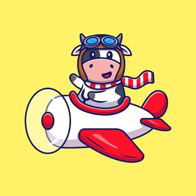 Cute Cow Fligt With Plane Cartoon . Animal Transportation Icon Concept Isolated . Flat Cartoon Style