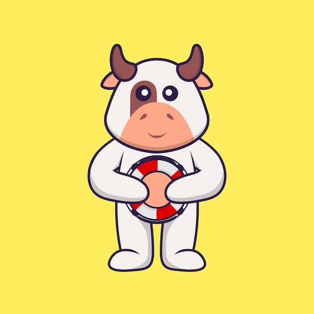 Cute cow holding a buoy Animal cartoon concept isolated