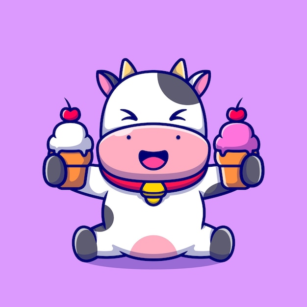 Cute Cow Holding Ice Cream Cartoon Icon Illustration.