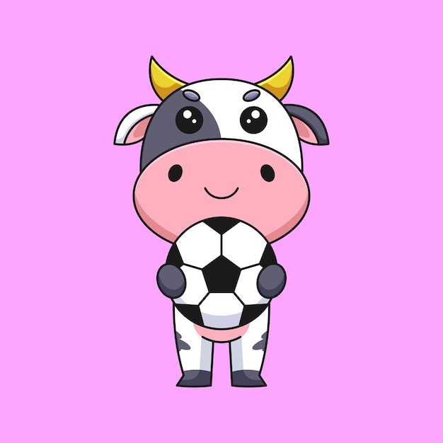 Cute cow holding soccer ball cartoon mascot doodle art hand drawn concept vector kawaii icon illustration