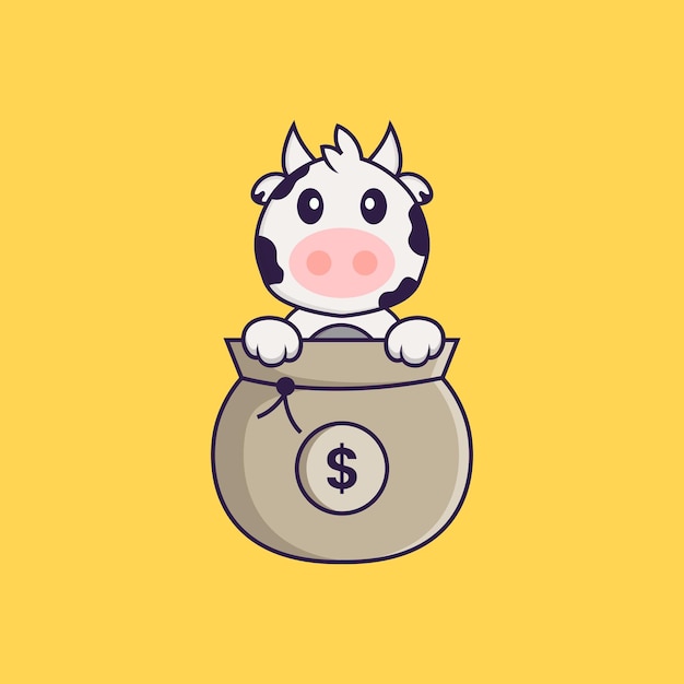 Cute cow playing in money bag. Animal cartoon concept isolated. Flat Cartoon Style