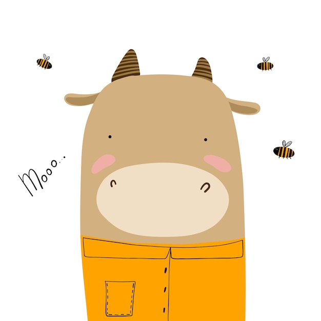 cute cow portrait, vector clipart, funny children's illustration with cartoon character