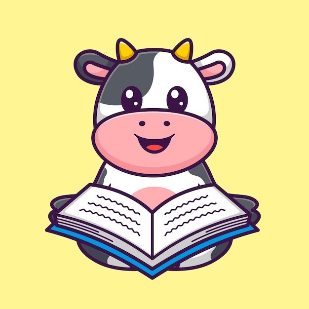 Cute Cow Reading Book in Cartoon Animal Vector Illustration Flat Style Concept