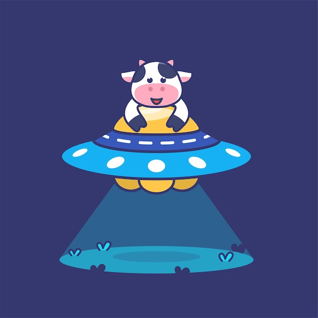 Cute cow riding ufo concept illustration