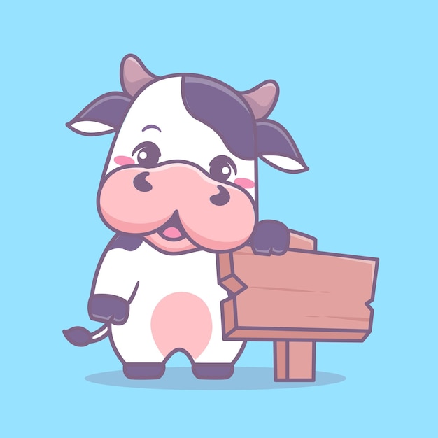 Cute cow standing with wooden sign board cartoon illustration