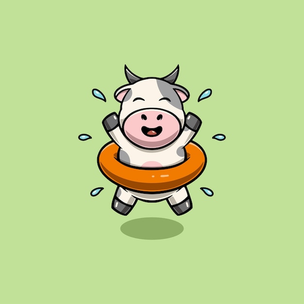 Cute cow swim wearing floater cartoon illustration