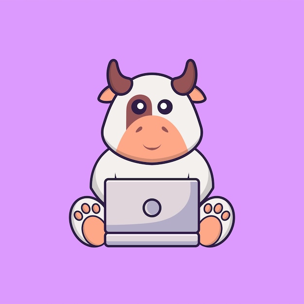 Cute cow using laptop. Animal cartoon concept isolated.