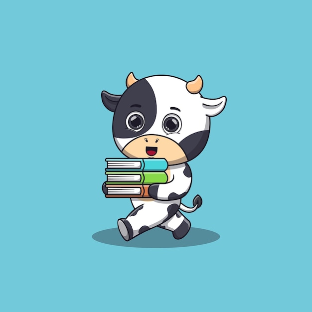 Cute cow walking and bring some books