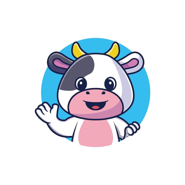 Cute cow waving in round frame cartoon vector icon illustration animal nature icon concept isolated