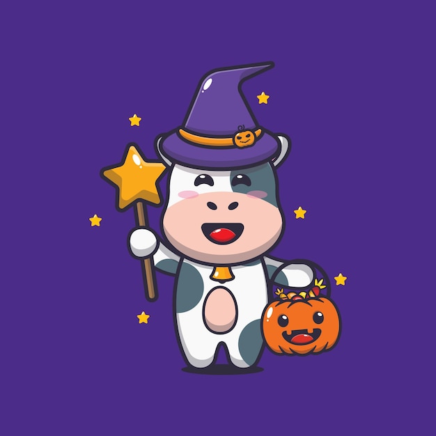 cute cow witch with magic wand carrying halloween pumpkin cute halloween cartoon illustration