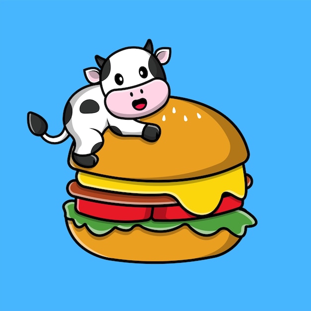 Cute Cow With Burger Cartoon Vector Icon Illustration