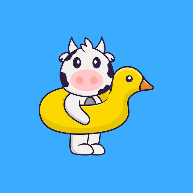 Cute cow With Duck buoy. Animal cartoon concept isolated. Flat Cartoon Style