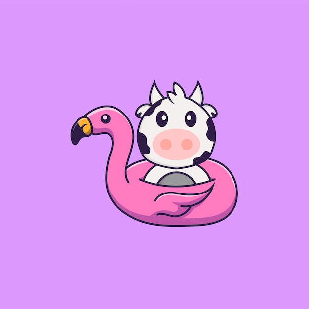 Cute cow With flamingo buoy Animal cartoon concept isolated