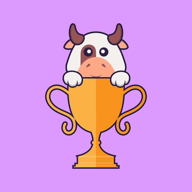 Cute cow with gold trophy Animal cartoon concept isolated