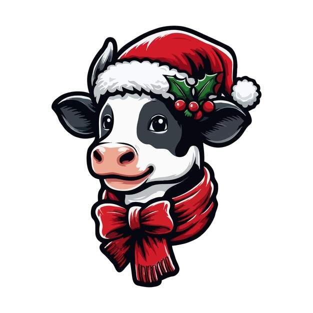 Vector cute cow with santas hat christmas cute animal vector art illustration