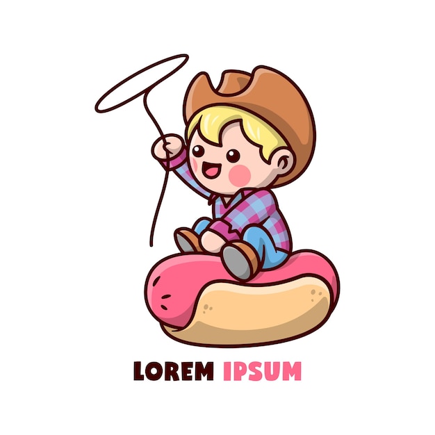 CUTE COWBOY IS RIDING A BIG HOTDOG, mascot logo