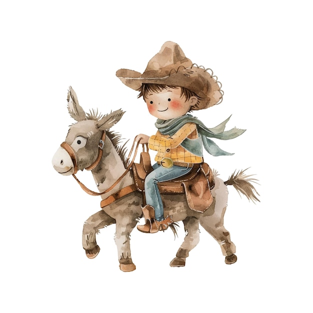 Vector cute cowboy riding donkey vector illustration in watercolor style