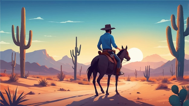 Cute Cowboy in Vibrant Desert Sunset with Oversized Blue Hat Colorful Cacti and Whimsical Town