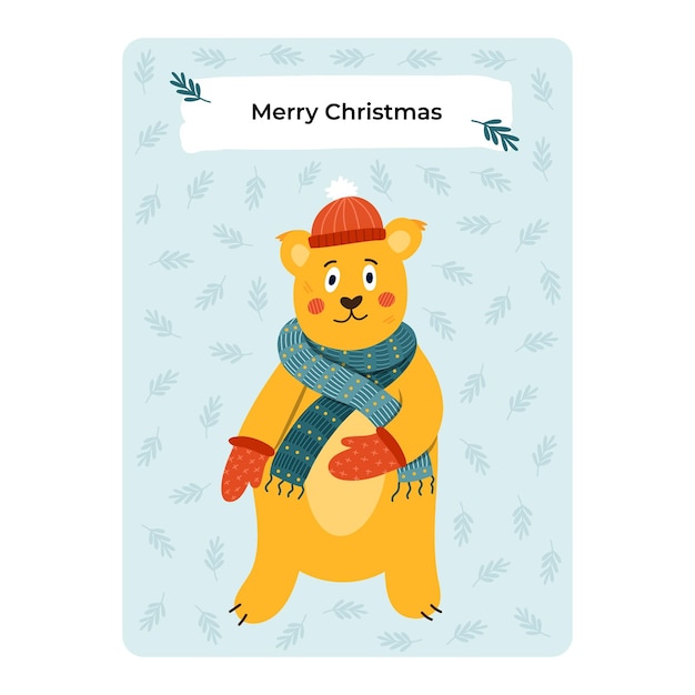 Cute and cozy postcard for Merry Christmas New year winter holiday Poster with lovely vector hand drawn illustration of cute bear in winter hat mittens and knitted scarf Greeting card template