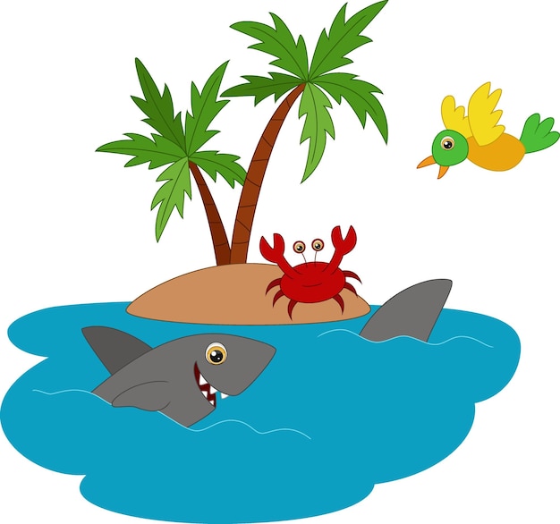 Cute crab cartoon with shark and bird in the beach