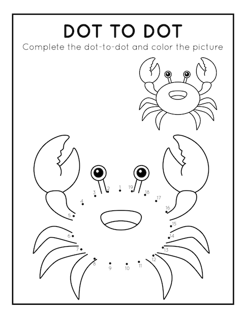 Vector cute crab dottodot coloring in worksheet for kids