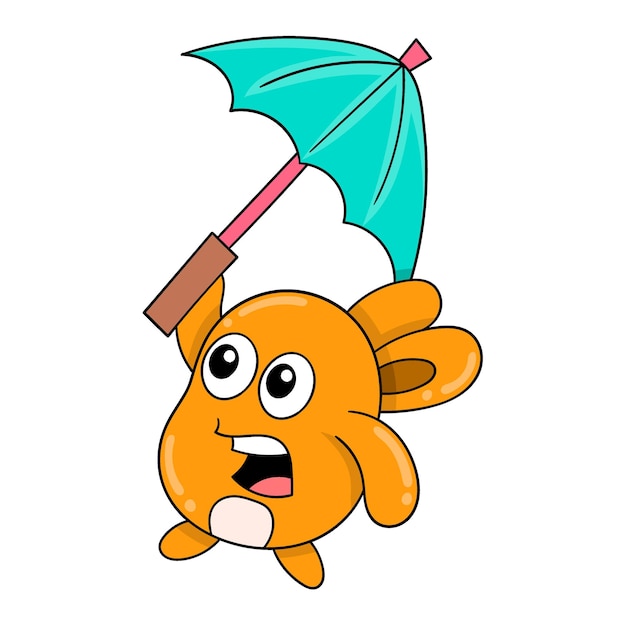 Cute creature with confused face holding umbrella in rainy season doodle icon image kawaii