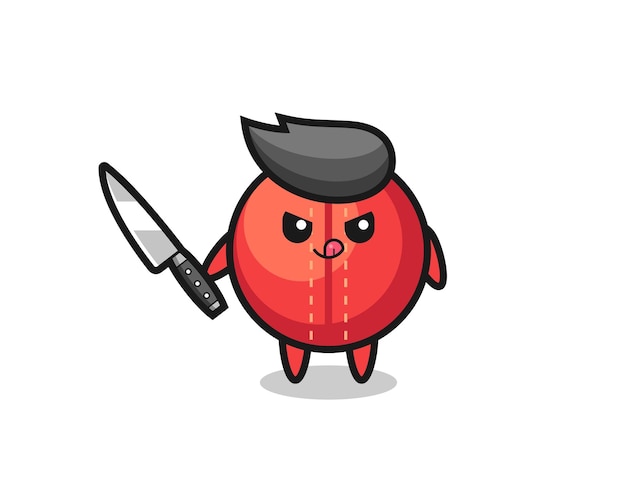 Cute cricket ball mascot as a psychopath holding a knife