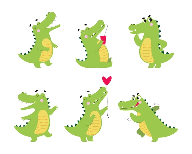 Cute Crocodile Character Engaged in Different Activity Vector Illustration Set Happy African Reptile and Zoo Animal with Sharp Teeth Concept