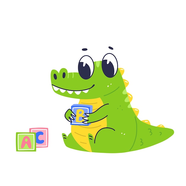 Cute crocodile character playing with cubes Cartoon flat baby crocodile Vector isolated illustration