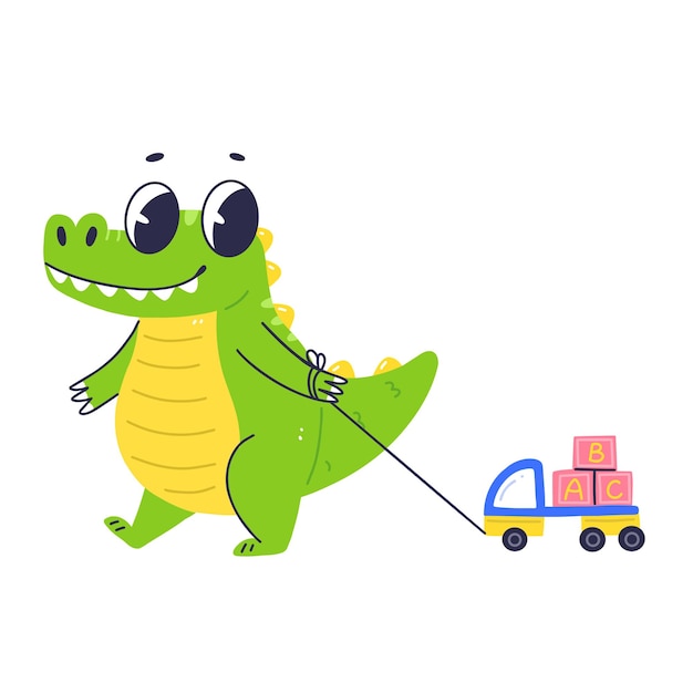 Vector cute crocodile character playing with a typewriter cartoon flat baby crocodile isolated illustration