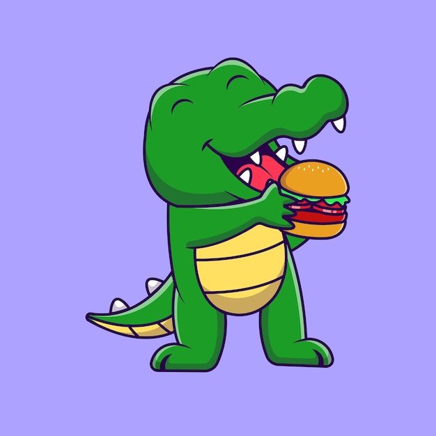 Cute Crocodile Eating Burger Cartoon Vector Icons Illustration.