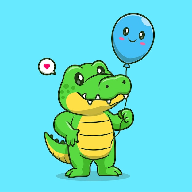 Cute Crocodile Holding Balloon Cartoon Vector Icon Illustration. Animal Holiday Icon Isolated Flat