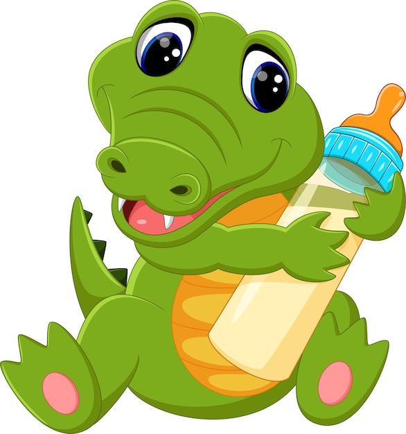 cute crocodile holding milk bottle