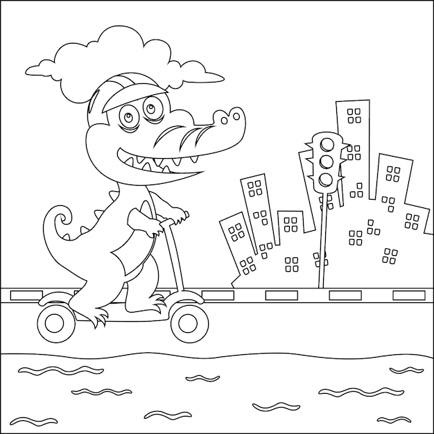 Cute crocodile kid riding a kick scooter Funny vector illustration Coloring Book