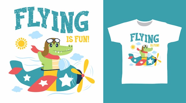 Cute crocodile pilot tee designs concept