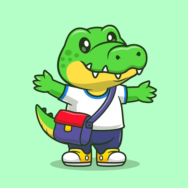 Cute Crocodile Student Go To School Cartoon Vector Icon Illustration. Animal Education Isolated Flat