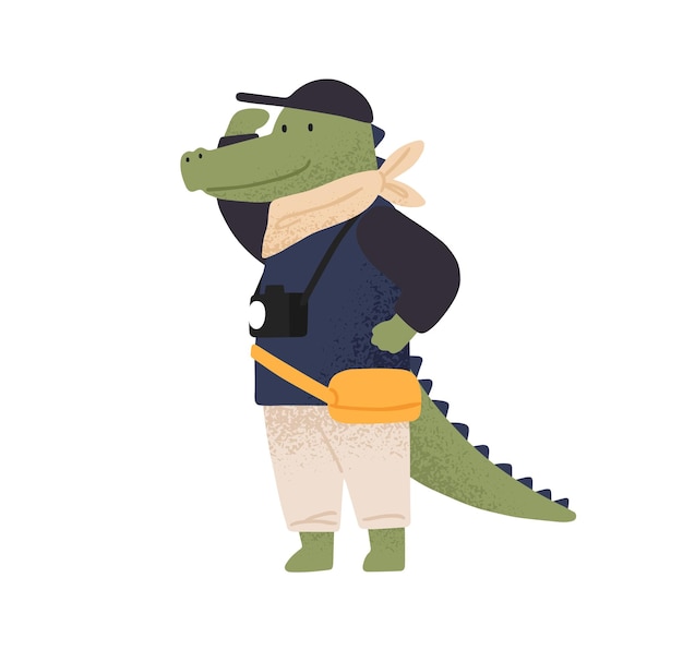 Cute crocodile tourist observing, enjoy travel or vacation vector flat illustration. Funny wild animal with camera admiring sight during adventure trip isolated. Happy traveler character.