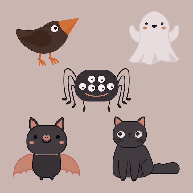 Cute Crow with Ghost, Spider and Bat with Black Cat on a Beige Background