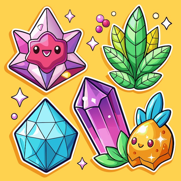 Cute Crystal Stickers with Smiling Faces and Leaves