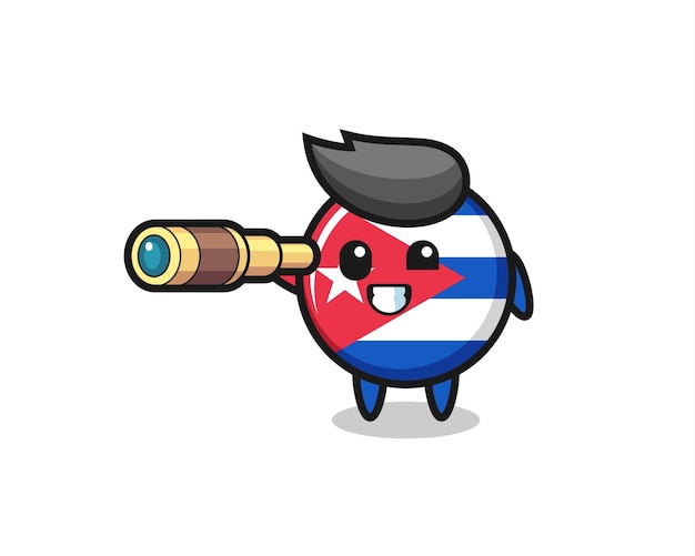 Cute cuba flag badge character is holding an old telescope