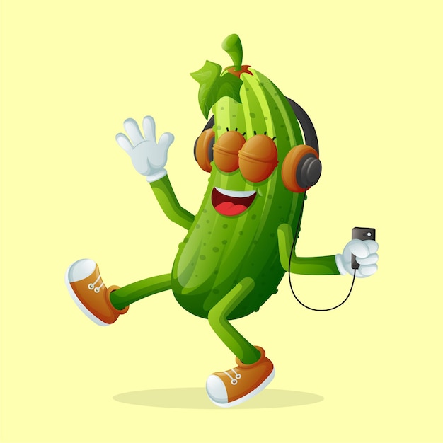 Cute cucumber character listening to music