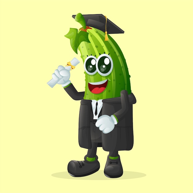 Cute cucumber character wearing a graduation cap and holding a diploma