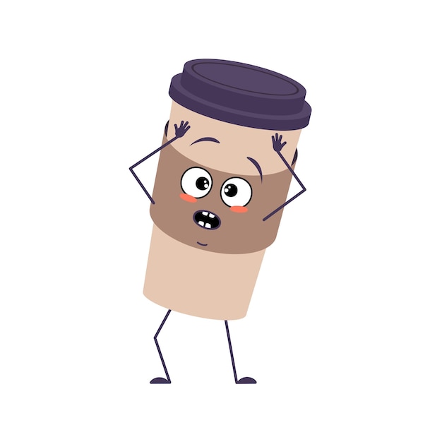 Cute cup of coffee character with emotions in a panic grabs his head face arms and legs