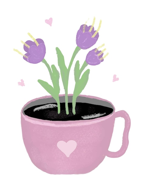 Cute cup of coffee with magical flowers colorful illustration