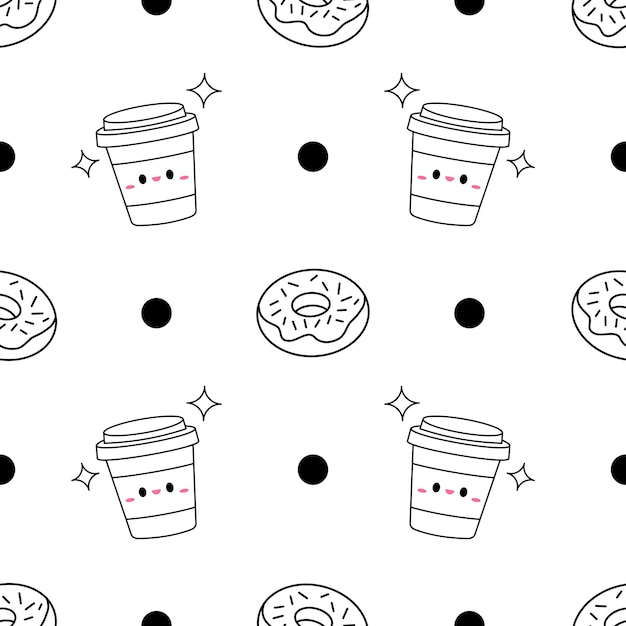 cute cup and donut seamless pattern kawaii style black and white background