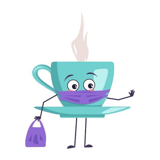 Cute cup of tea character with emotions, face and mask keep distance, hands with shopping bag and stop gesture. A sad hero, a mug with a saucer and eyes for a cafe. Vector flat illustration