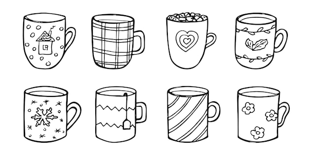 Cute cup of tea and coffee illustration Simple mug clipart Cozy home doodle set