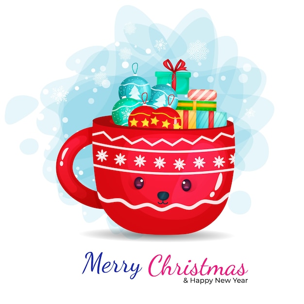 Cute cup with gift cartoon illustration for christmas day.