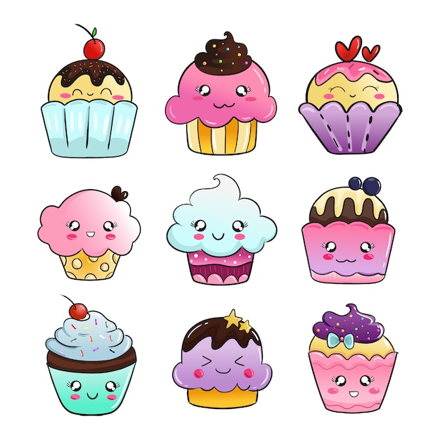 Cute cupcake doodle sticker set with colorful gradient color for kids.